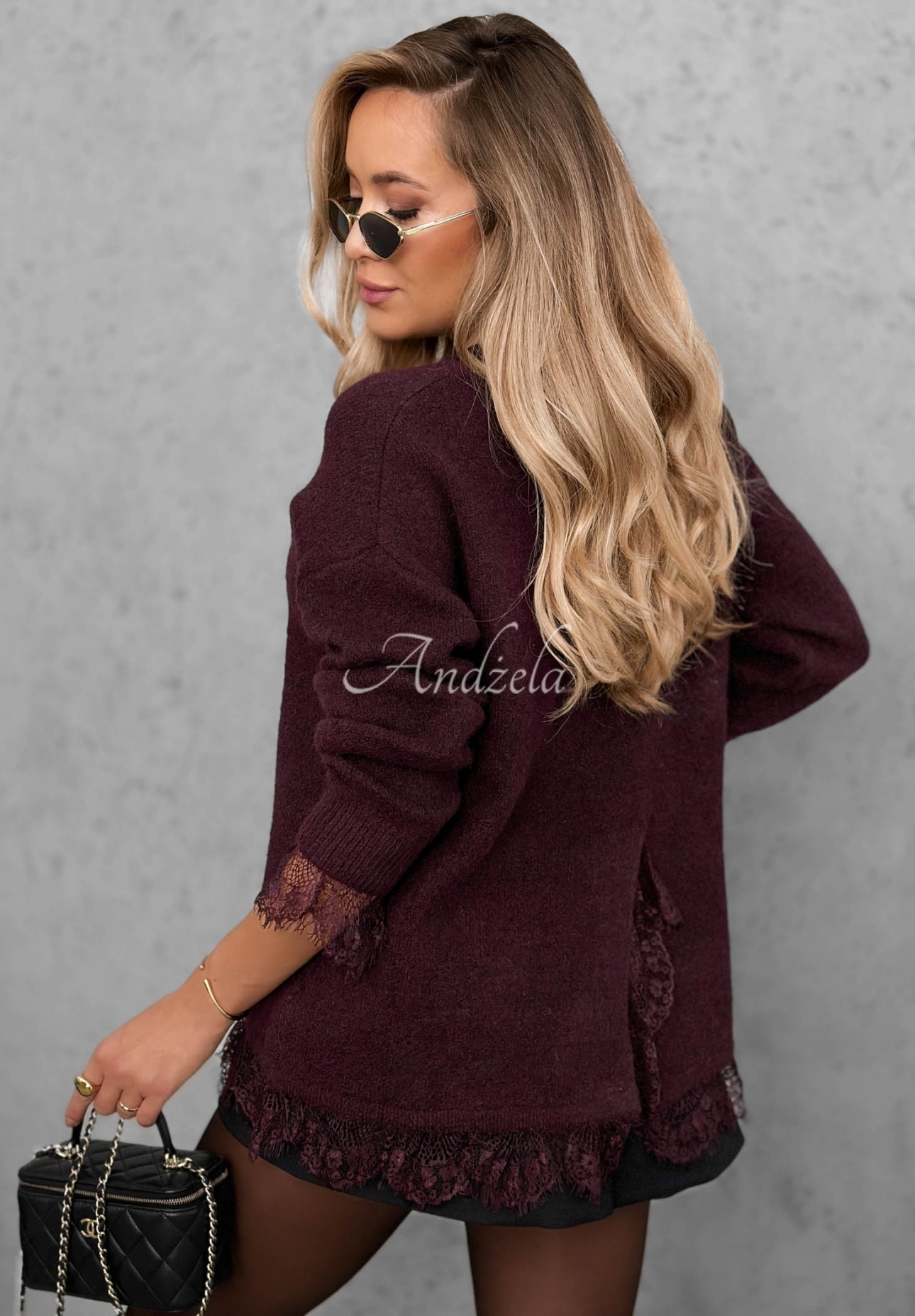 Oversize-Pullover mit Wolle und Spitze Cozy Softness Burgunderrot