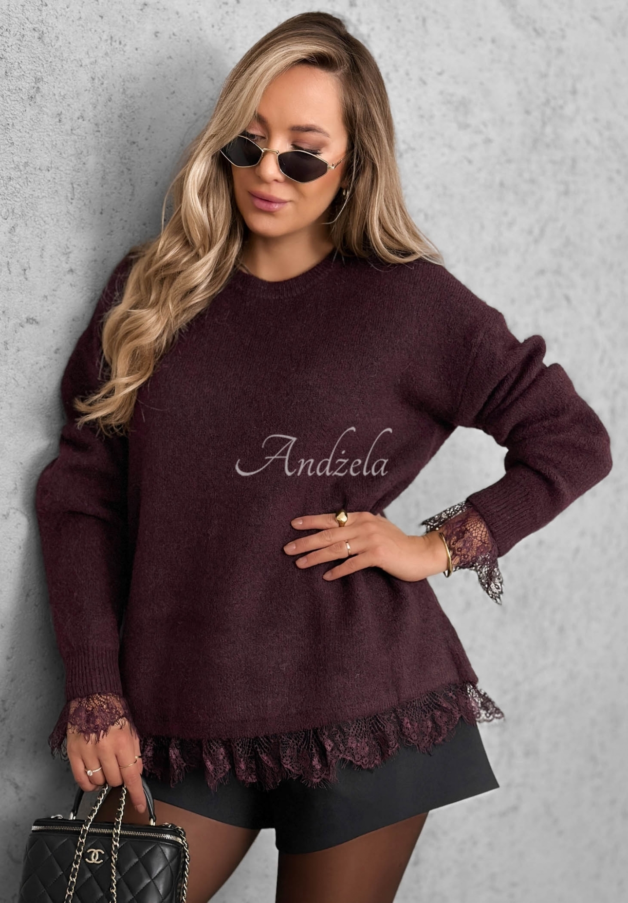 Oversize-Pullover mit Wolle und Spitze Cozy Softness Burgunderrot