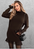 Prążkowany Pullover z golfem i koronką Autumn Spell Schokoladenbraun