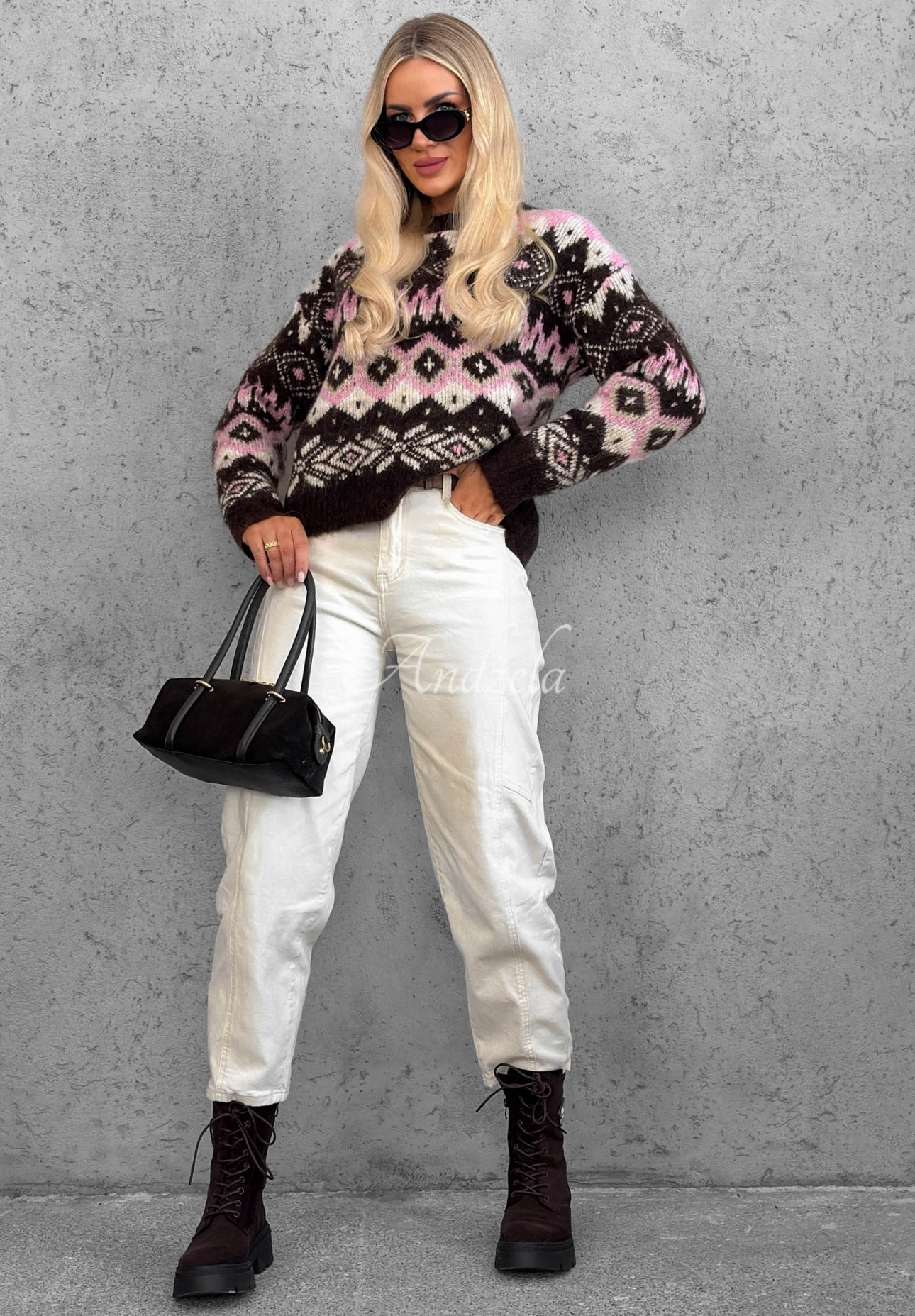 Gemusterter Pullover mit Wollanteil Cinnamon Roll schokoladenbraun-rosa