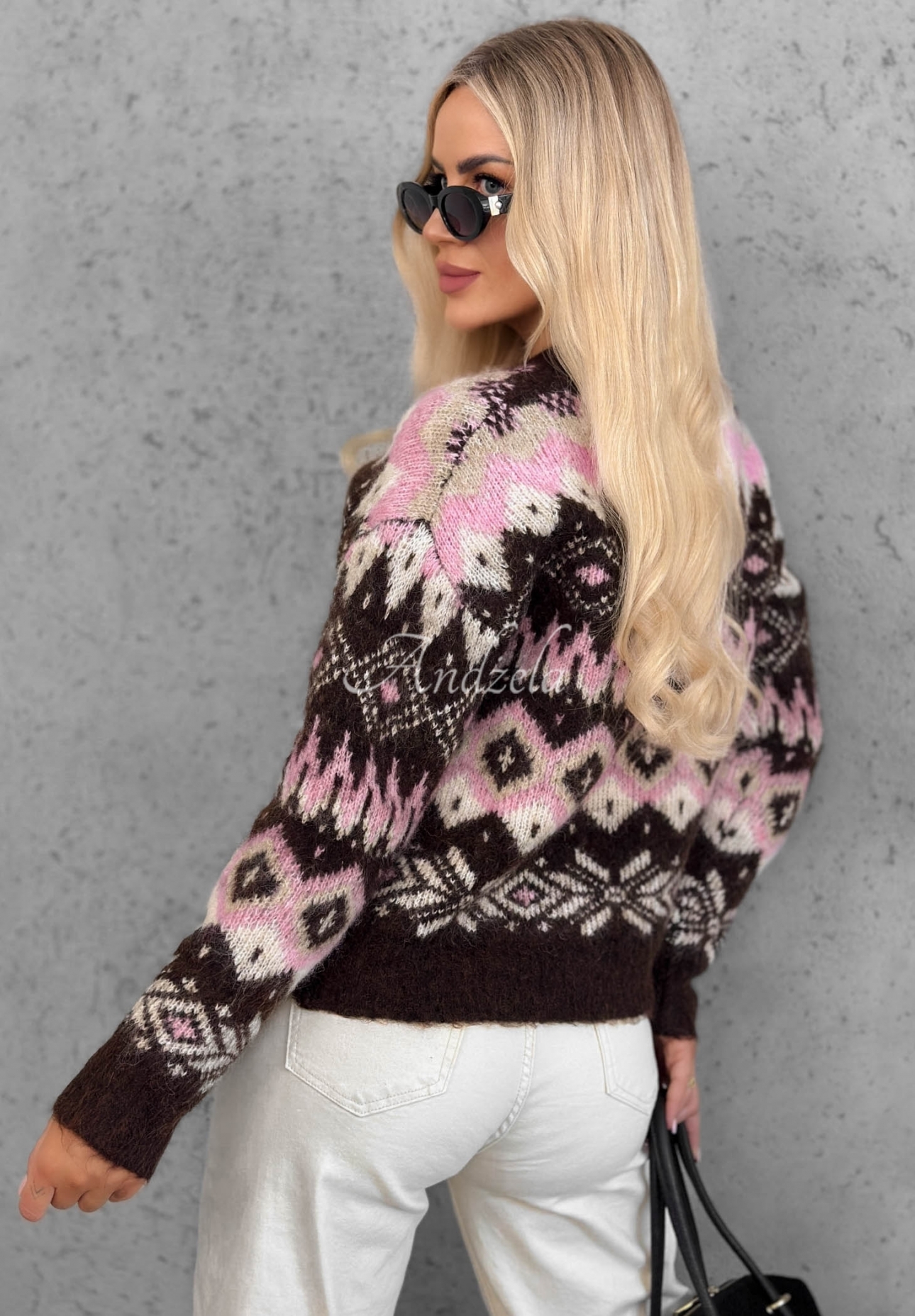 Gemusterter Pullover mit Wollanteil Cinnamon Roll schokoladenbraun-rosa