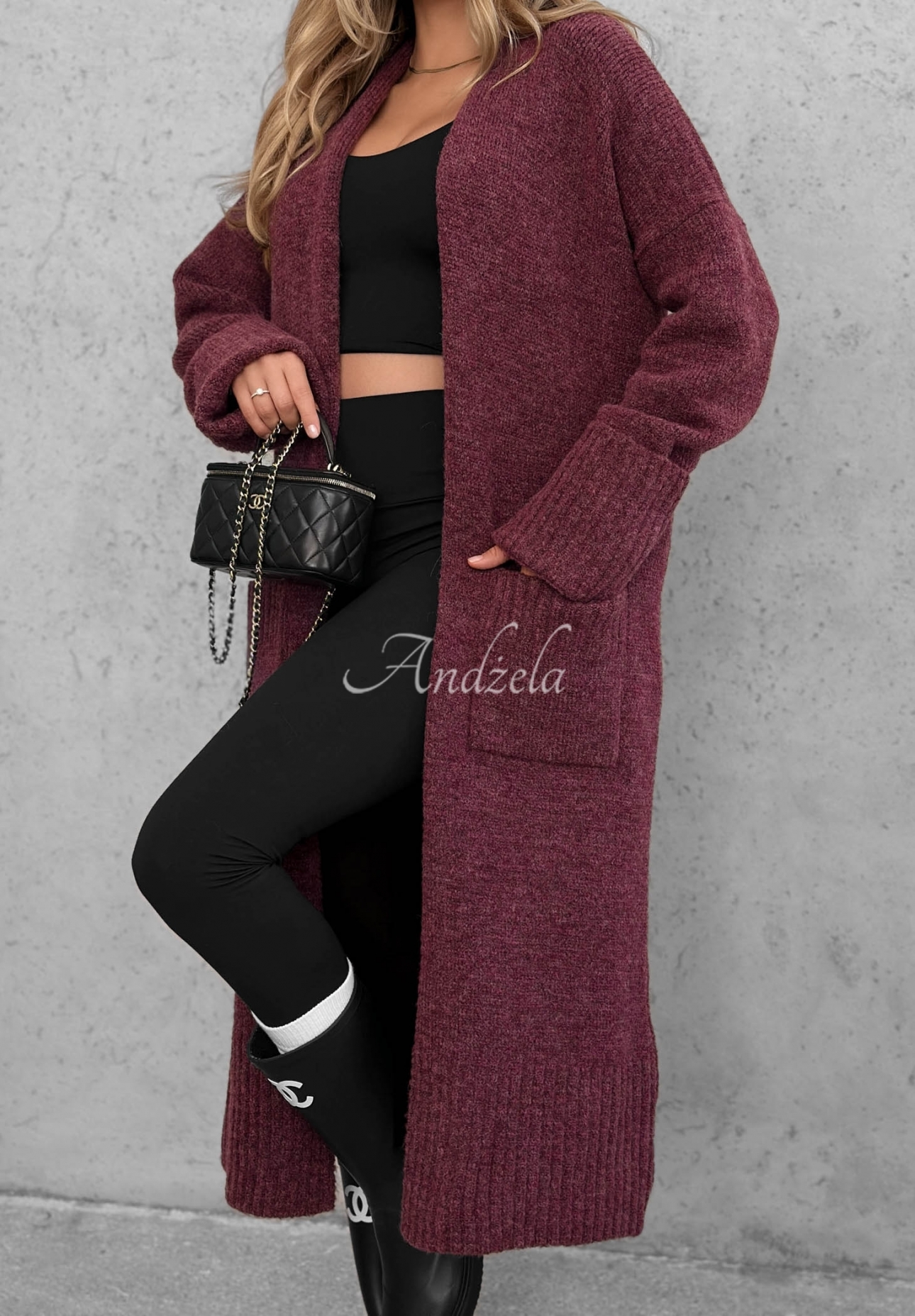 Lange oversized Strickjacke mit Taschen Marbelio Beerenfarben