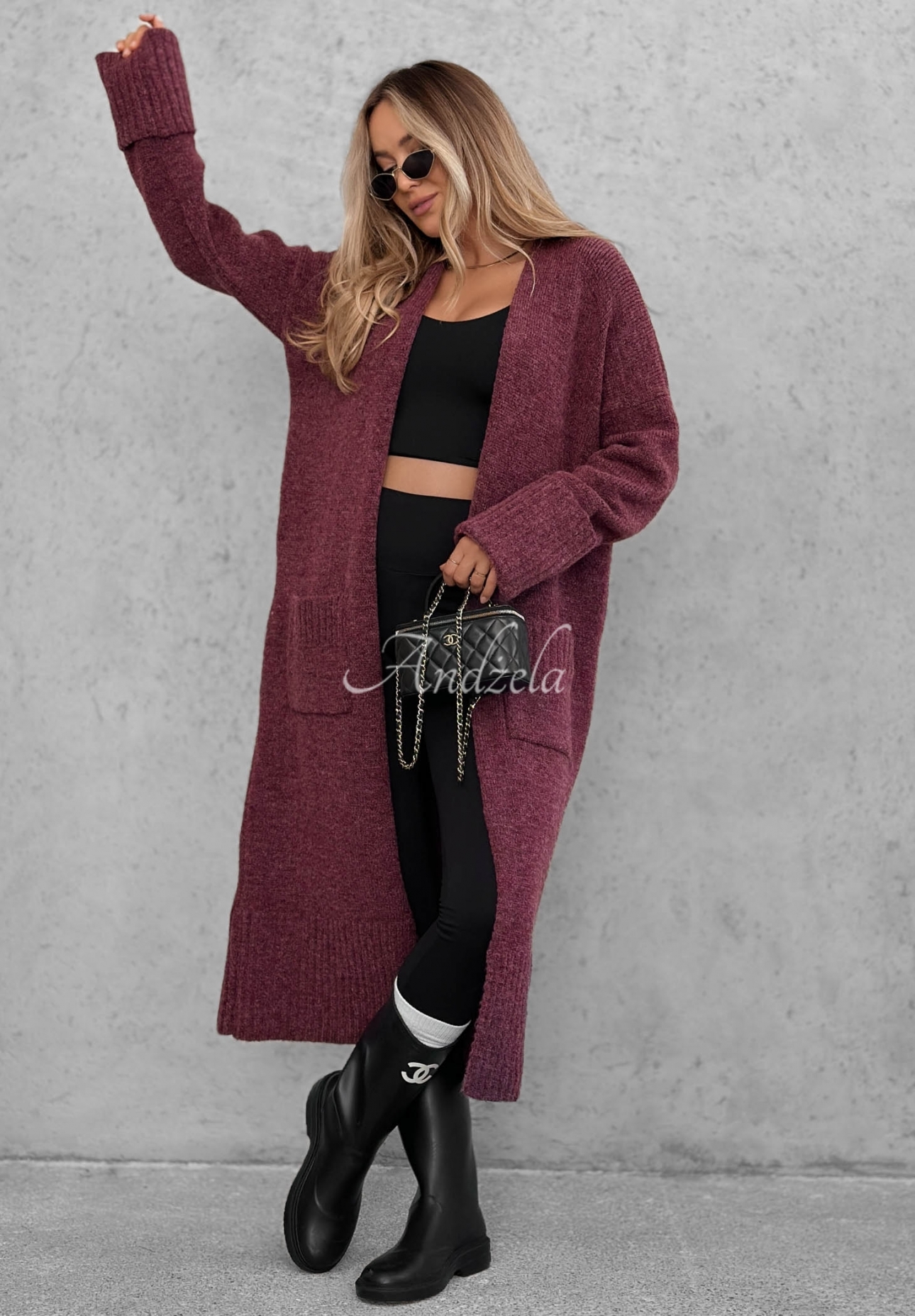 Lange oversized Strickjacke mit Taschen Marbelio Beerenfarben