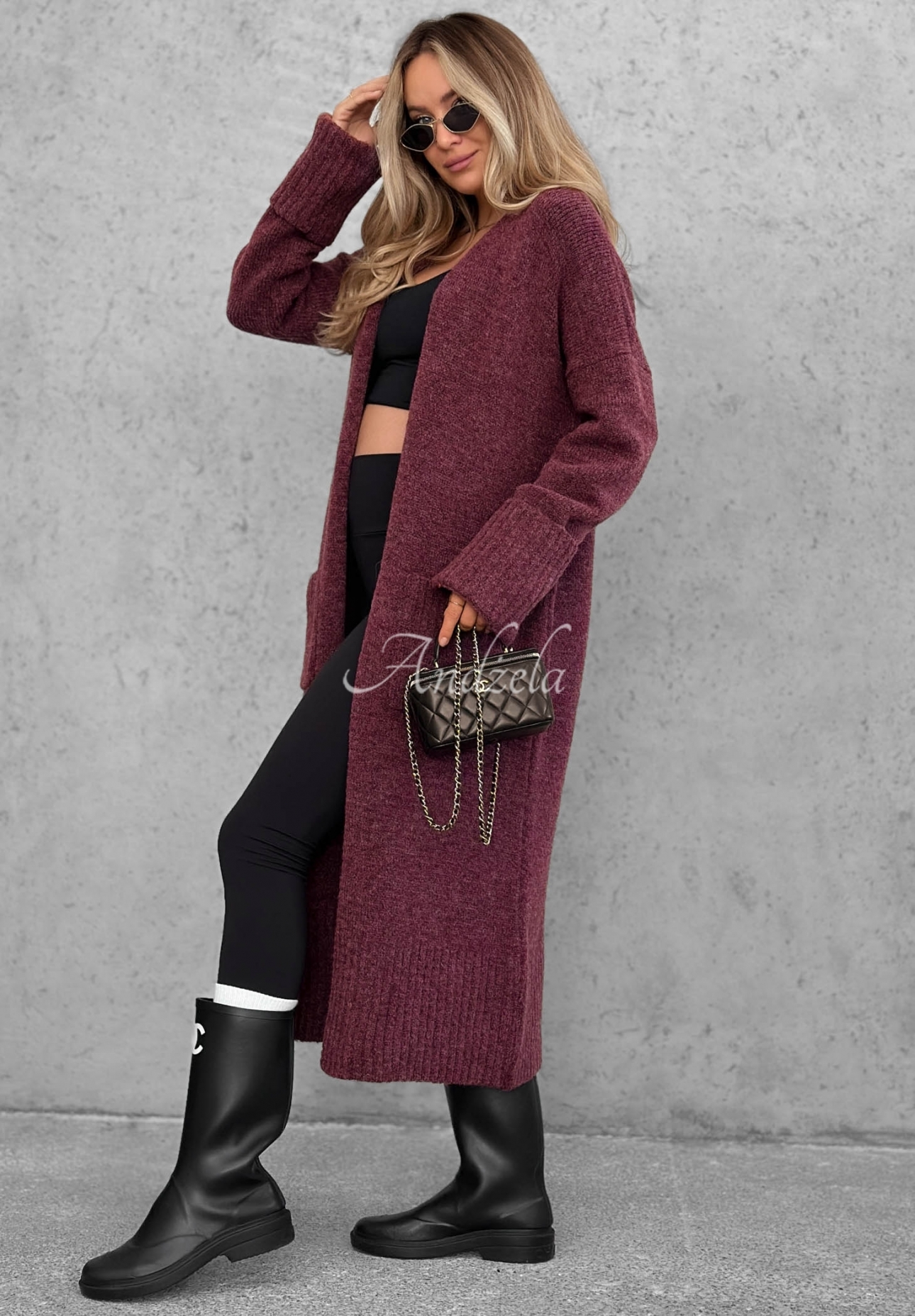 Lange oversized Strickjacke mit Taschen Marbelio Beerenfarben