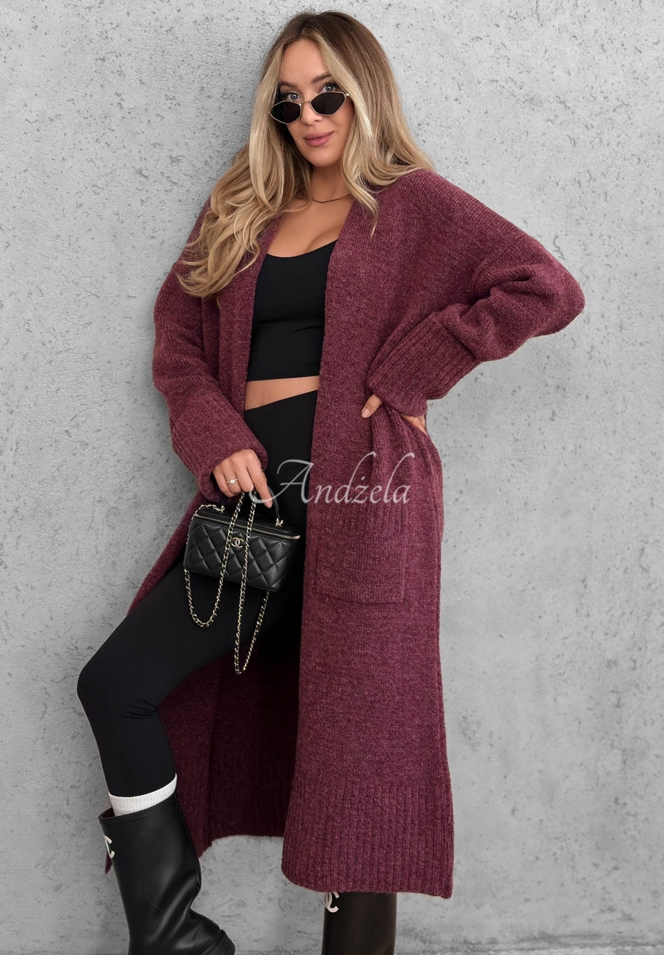 Lange oversized Strickjacke mit Taschen Marbelio Beerenfarben
