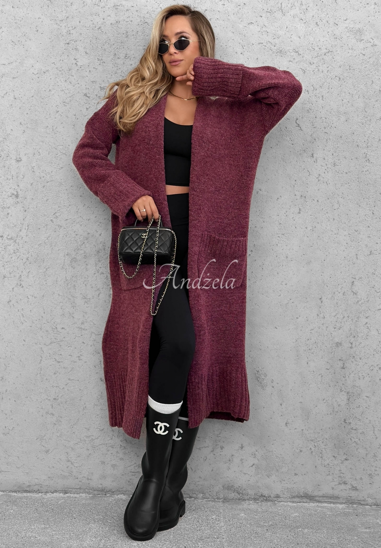 Lange oversized Strickjacke mit Taschen Marbelio Beerenfarben