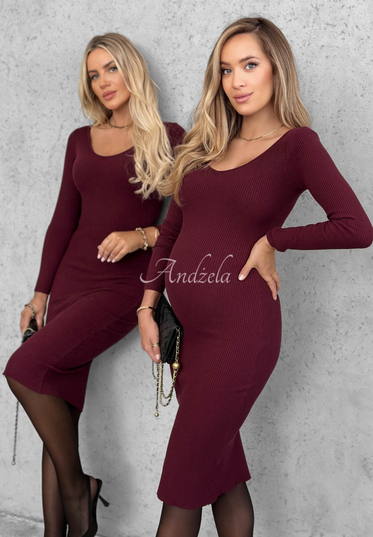Figurbetontes Midikleid aus Viskose mit Ausschnitt longsleeve City Morning Beerenfarben