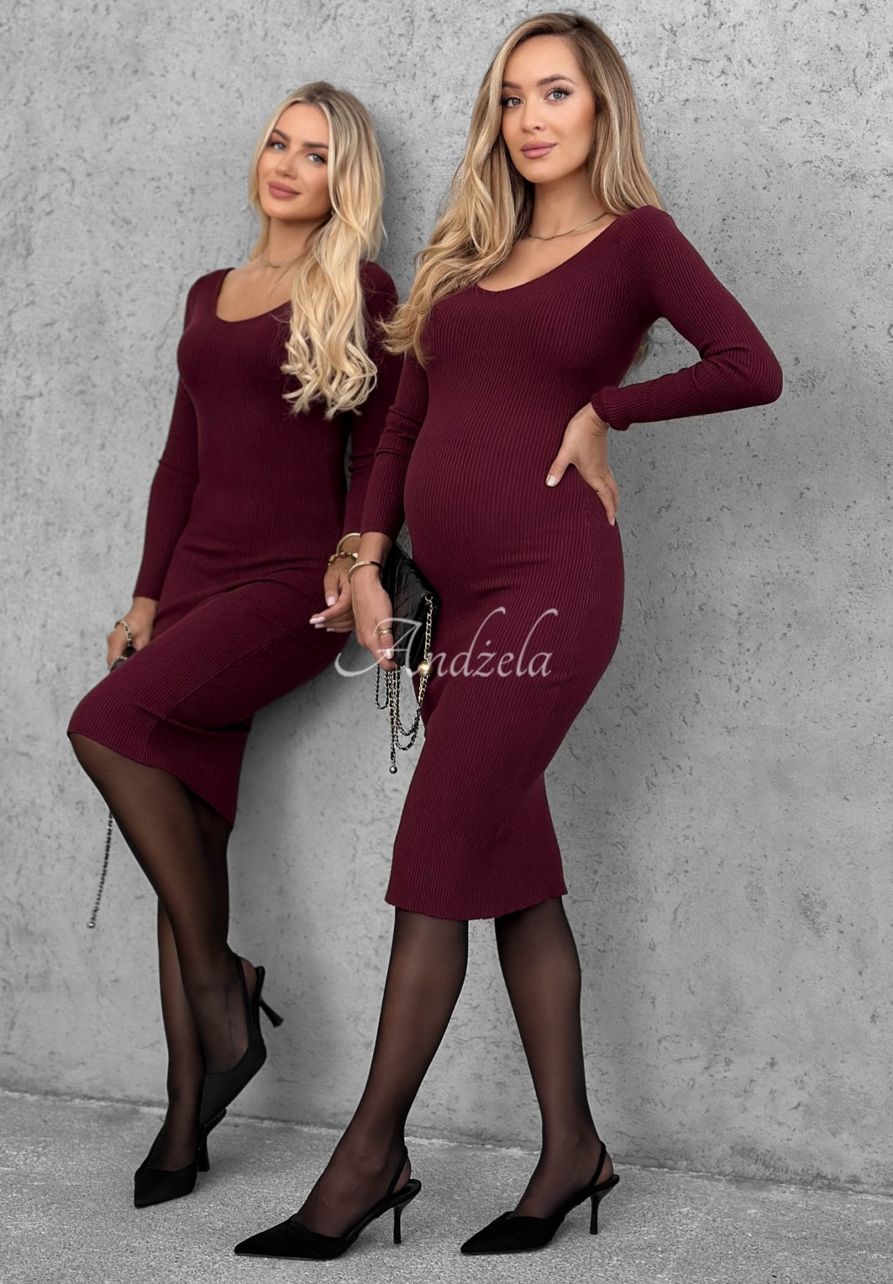 Figurbetontes Midikleid aus Viskose mit Ausschnitt longsleeve City Morning Beerenfarben