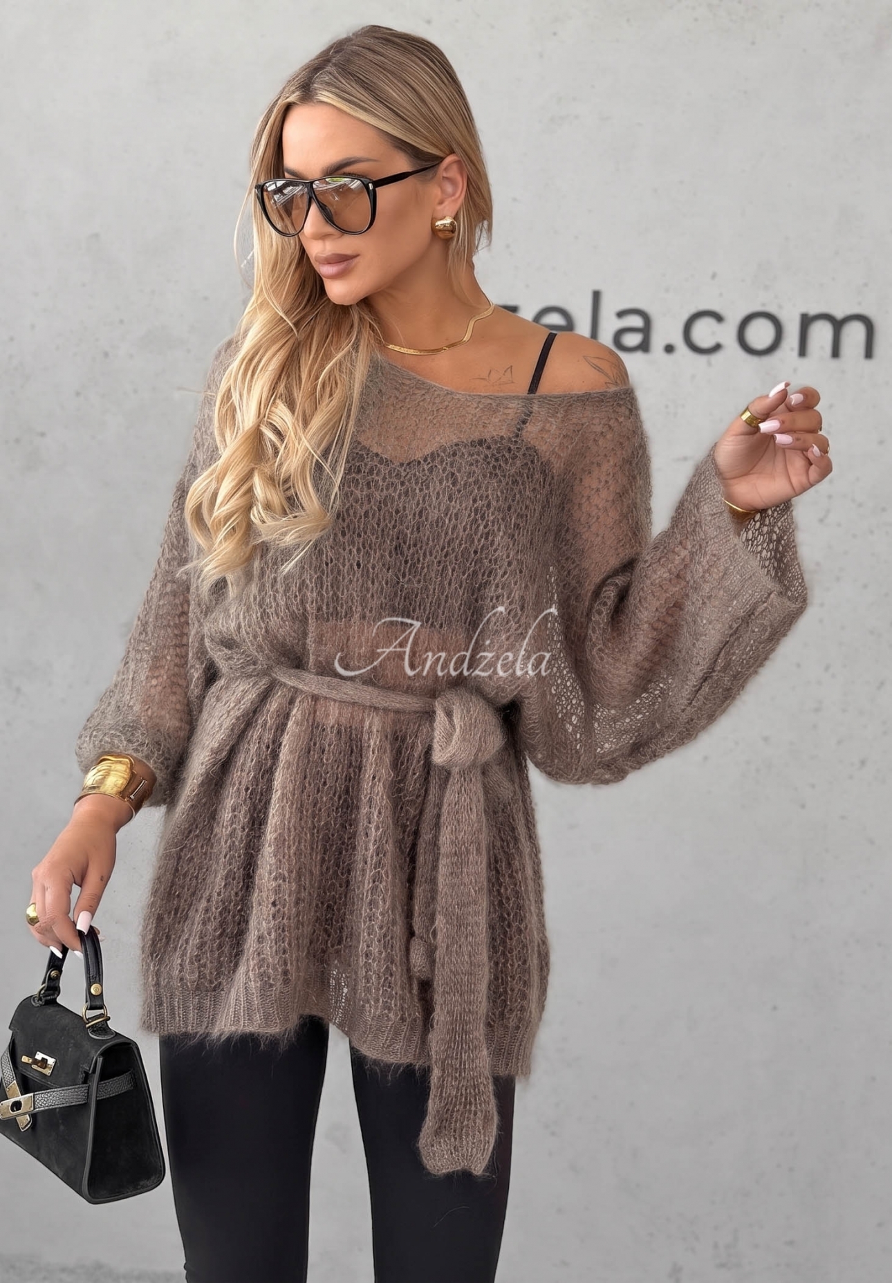 Langer Mohairpullover mit Gürtel Sweet Comfort Mokkafarben