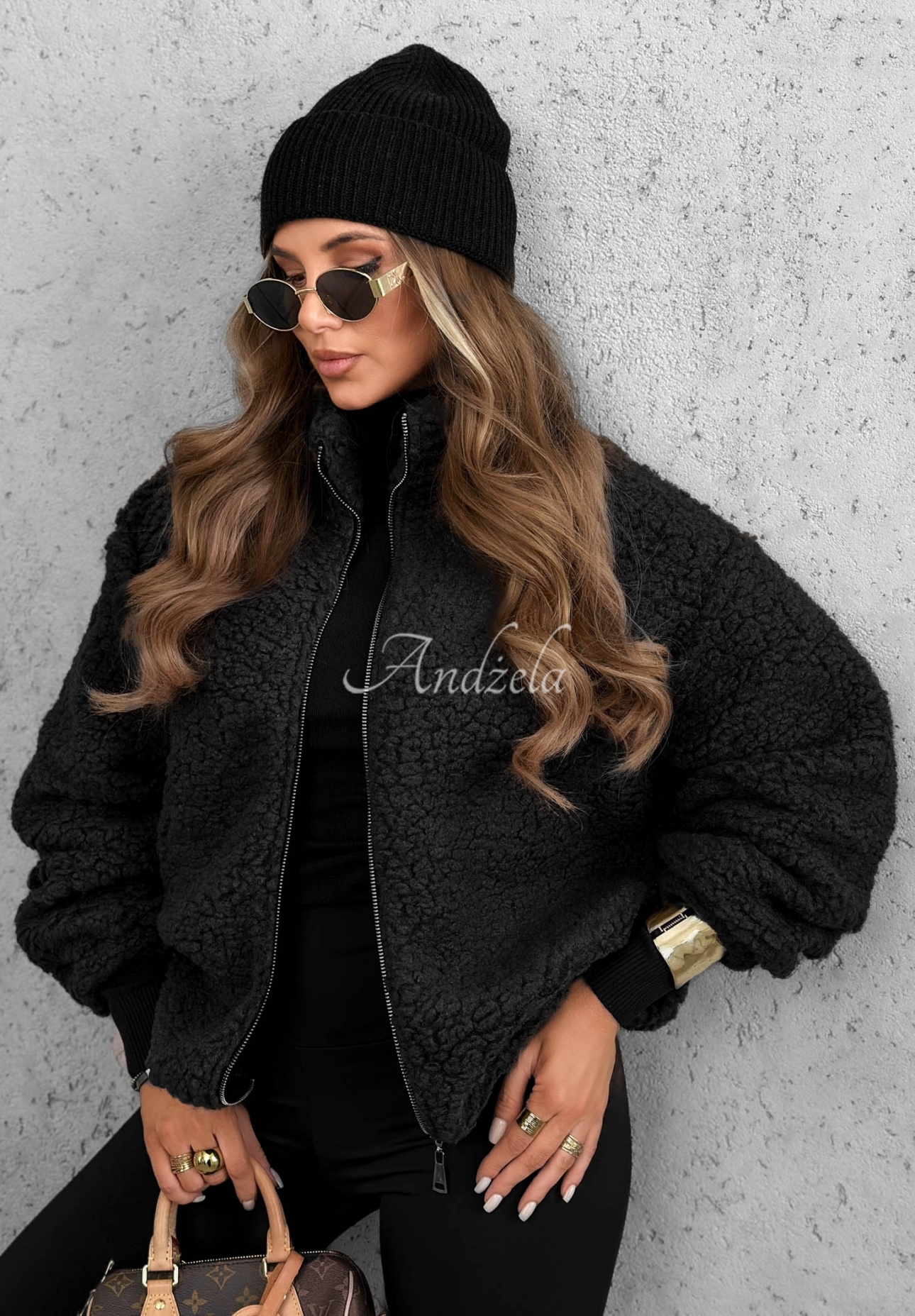 Kurze Bomberjacke aus Sherpa-Lammfellimitat Cloud Candy Schwarz