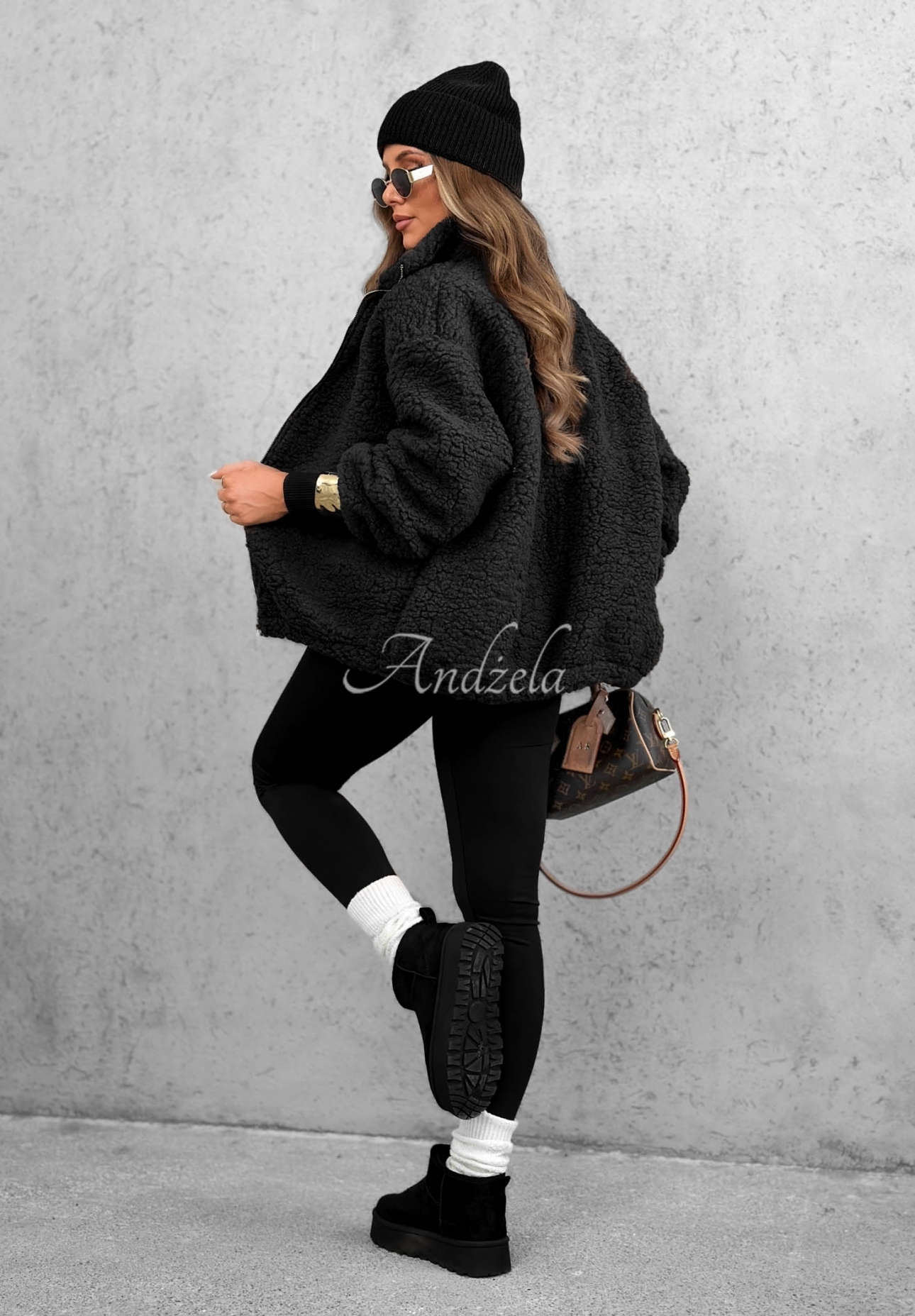 Kurze Bomberjacke aus Sherpa-Lammfellimitat Cloud Candy Schwarz
