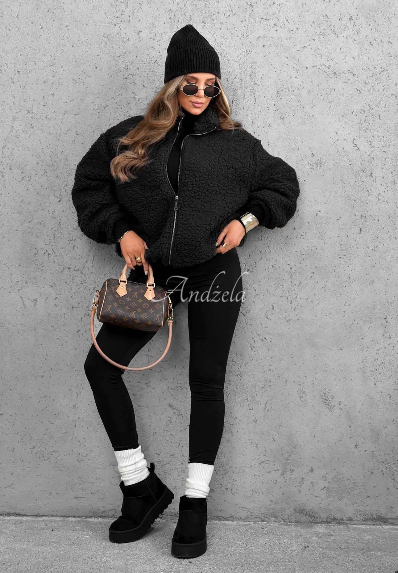 Kurze Bomberjacke aus Sherpa-Lammfellimitat Cloud Candy Schwarz