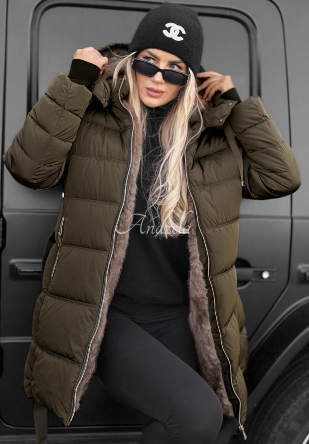 Lange, gesteppte Jacke mit Kapuze und G&uuml;rtel Cold Theory Khaki