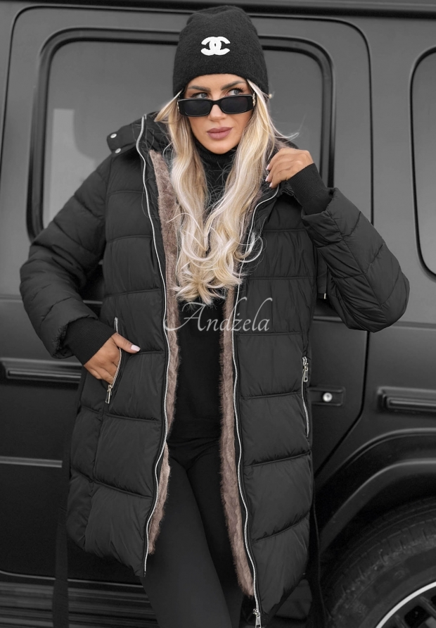 Lange, gesteppte Jacke mit Kapuze und G&uuml;rtel Cold Theory Schwarz