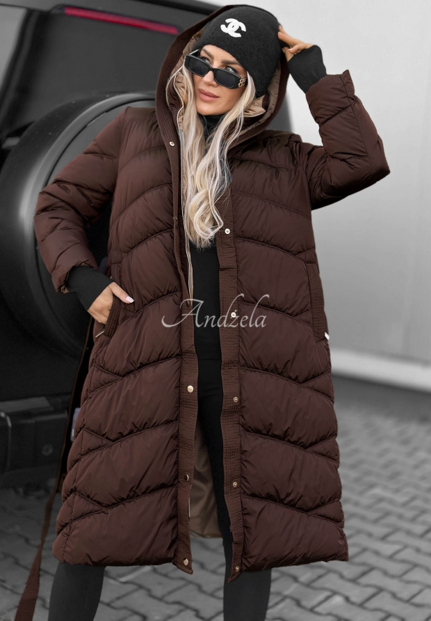 Lange, gesteppte Jacke mit Kapuze und Kragen Frost Angel Schokoladenbraun