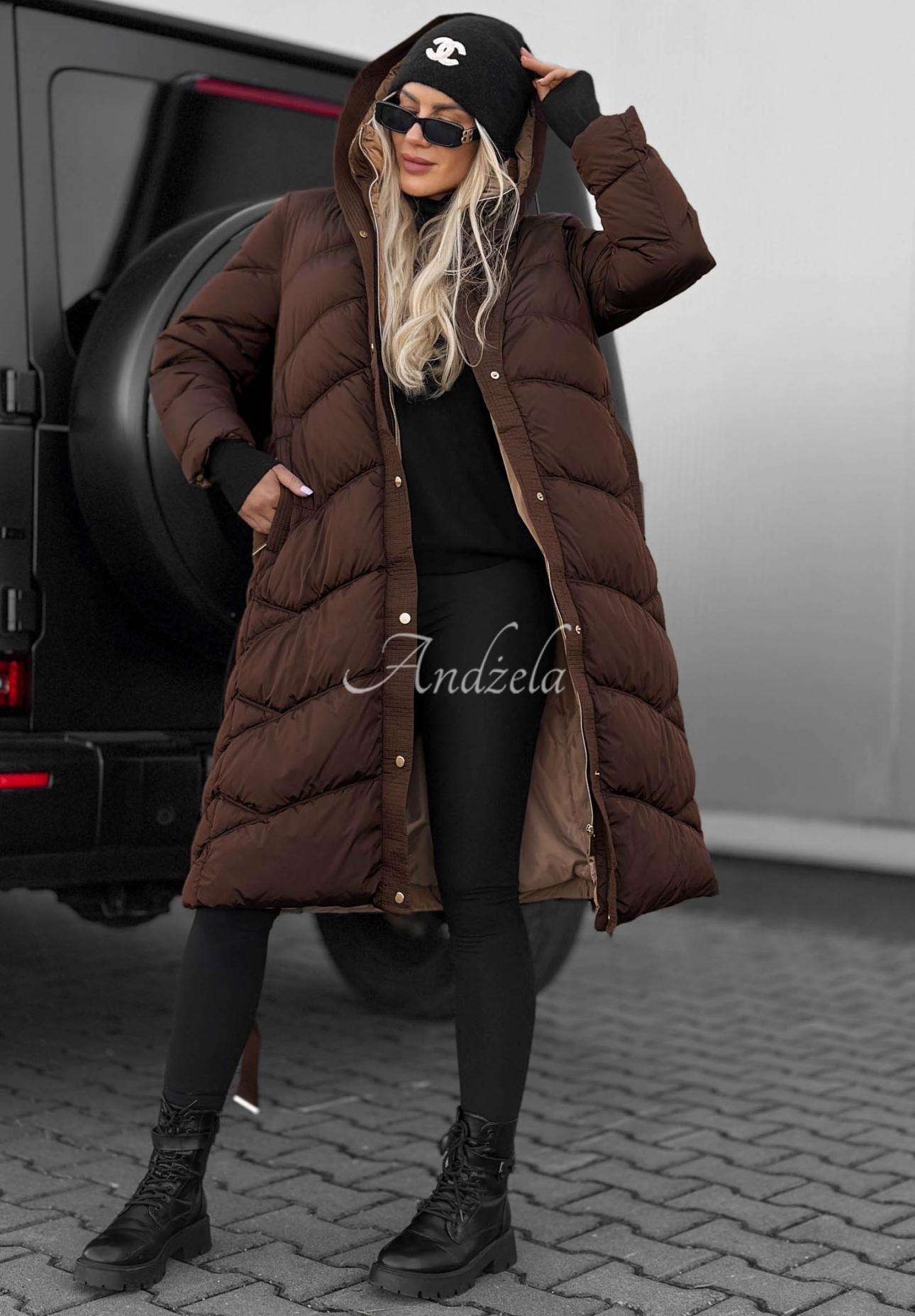 Lange, gesteppte Jacke mit Kapuze und Kragen Frost Angel Schokoladenbraun