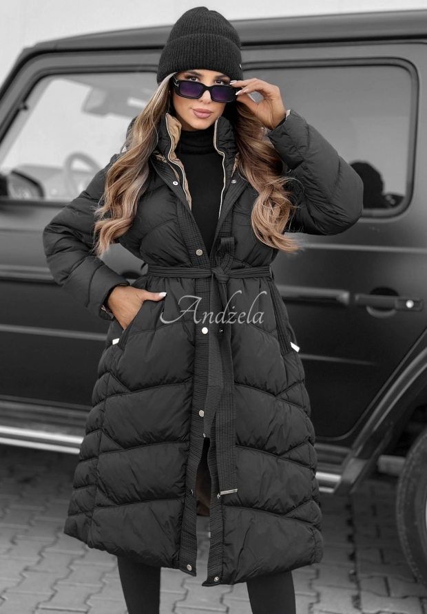 Lange, gesteppte Jacke mit Kapuze und Kragen Frost Angel Schwarz