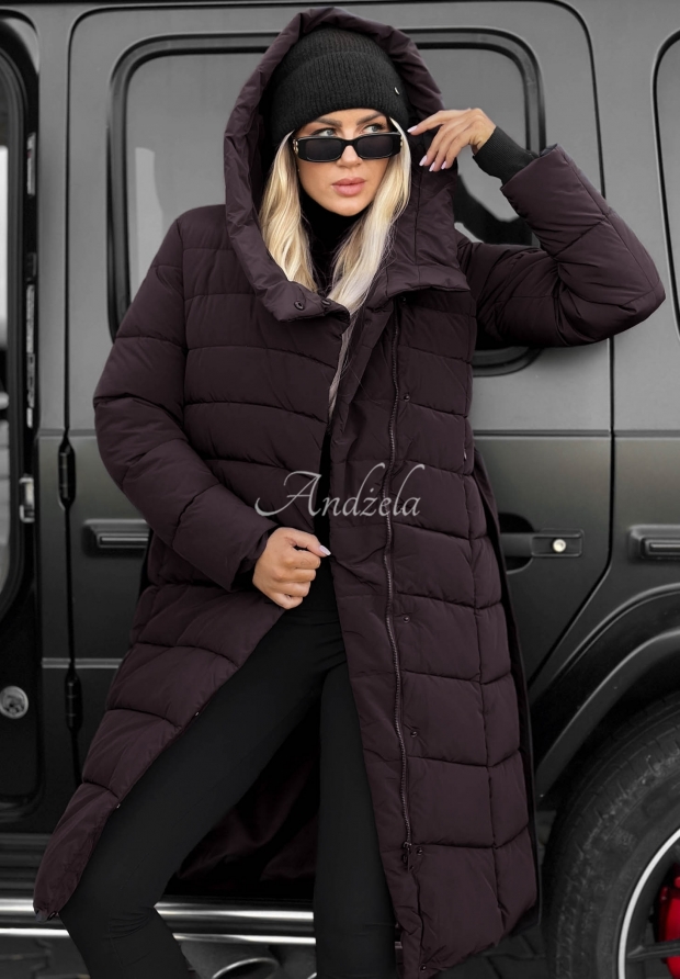 Lange, gesteppte Jacke mit Kapuze und G&uuml;rtel Snow Empress Beerenfarben