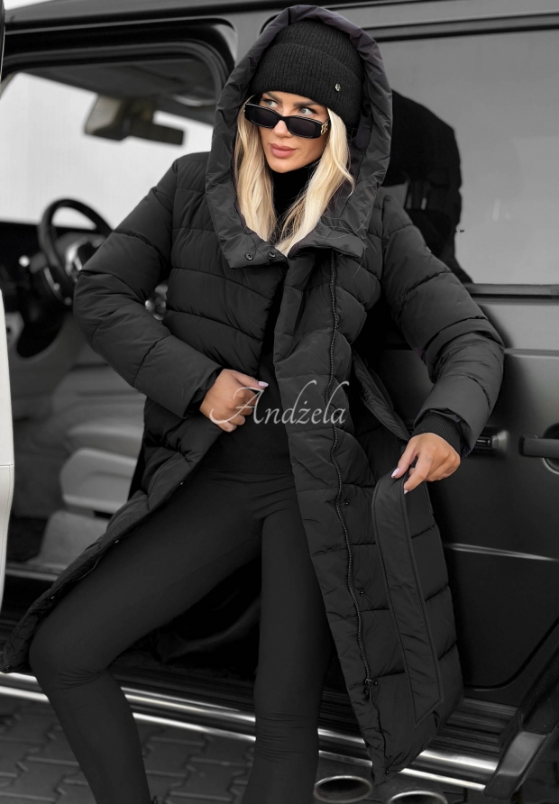 Lange, gesteppte Jacke mit Kapuze und G&uuml;rtel Snow Empress Schwarz