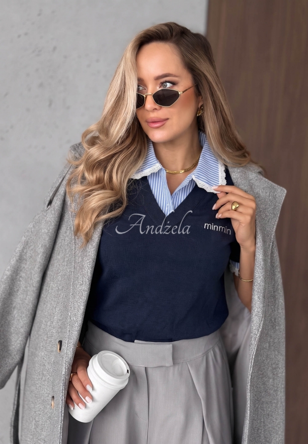 Viskose-Pullover mit Spitze und gestreiftem Kragen Fall Stripes Dunkelblau