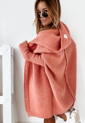 Lange Strickjacke oversize mit Kapuze und Wolle Montevista Korallenrot