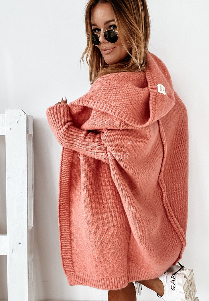 Lange Strickjacke oversize mit Kapuze und Wolle Montevista Korallenrot